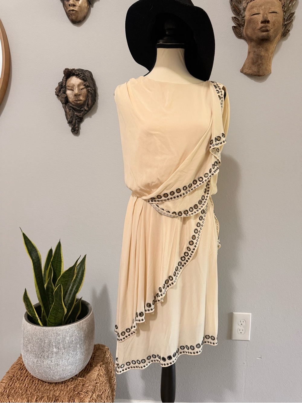 Haute Hippie Silk Cream Asymmetrical Draped Dress with Stud Accents